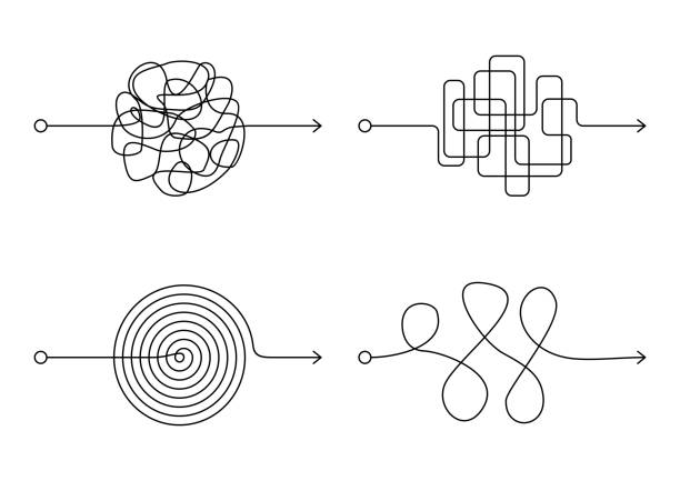 безумный грязный набор линии, сложный путь clew на белом фоне. запутанный путь каракули, хаотический трудный путь процесса. изогнутая черная � - tied knot illustrations stock illustrations