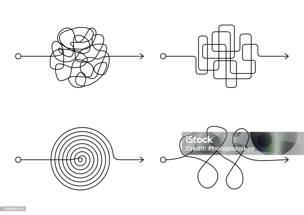 Insane messy line set, complicated clew way on white background. Tangled scribble path, chaotic difficult process way. Curved black line, solving a complex problem or quest. Vector illustration Complexity stock vector