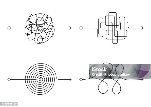 Insane Messy Line Set Complicated Clew Way On White Background Tangled Scribble Path Chaotic Difficult Process Way Curved Black Line Solving A Complex Problem Or Quest Vector Illustration Stock Illustration - Download Image Now