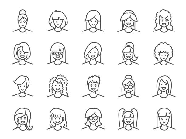 여자 아바타 선 아이콘 세트입니다. 여성, 여자, 프로필, 개인으로 포함된 아이콘. - skinhead stock illustrations