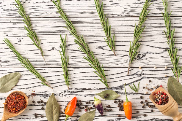 istock background rosemary, chili pepper on a wooden table 1055866446