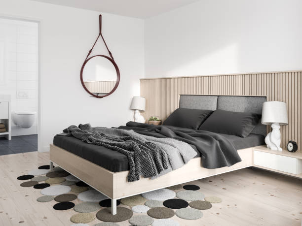 Minimalist modern bedroom stock photo