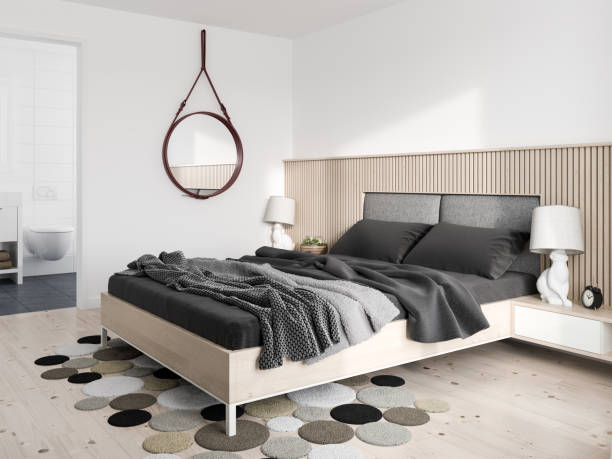 minimalist modern bedroom - mirror pattern imagens e fotografias de stock