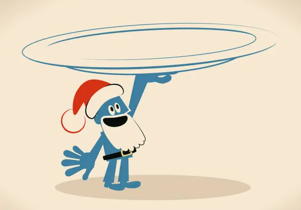 Vector illustration of Smiling blue man with santa hat and beard carrying a huge empty plate, Merry Christmas and New Year Greeting Card