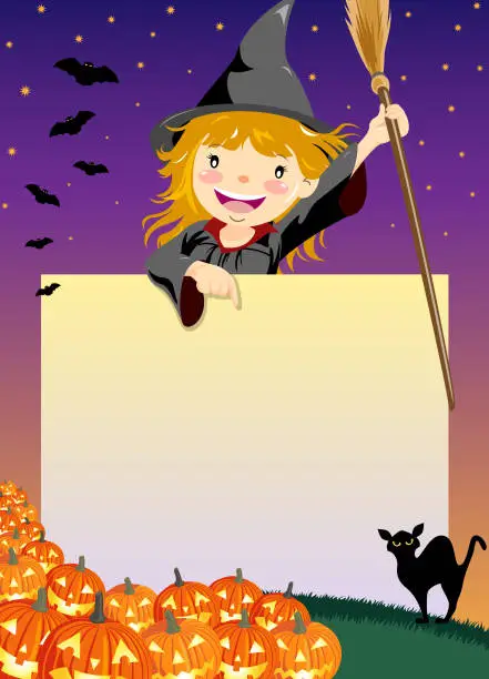 Vector illustration of Witch pointing at signboard