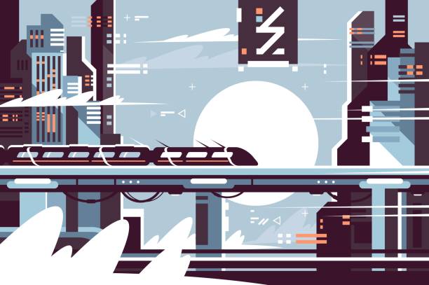 ilustraciones, imágenes clip art, dibujos animados e iconos de stock de futurista tren fantástico del futuro - urban scene railroad track train futuristic