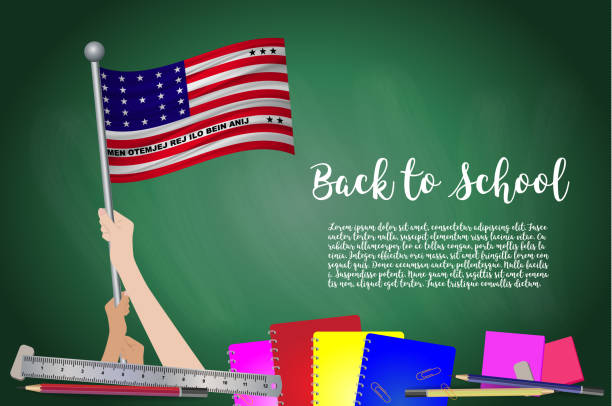 Vector flag of flag on Black chalkboard background. Education Background with Hands Holding Up of flag. Back to school with pencils, books, school items learning and childhood concept. Vector flag of Bikini Atoll on Black chalkboard background. Education Background with Hands Holding Up of Bikini Atoll flag. Back to school with pencils, books, school items learning and childhood concept. bikini atoll stock illustrations