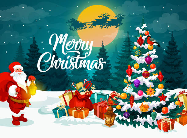 istock Santa near Christmas tree and gifts on snow 1055870188