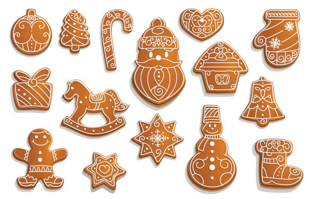 Gingerbread cookies, Christmas holiday food Christmas gingerbread cookies, winter holiday food. Vector Xmas tree and ball, cane and Santa, heart and house, mitten and gift box. Horse and snowflake, snowman and boot, jingle bell and star gingerbread biscuit stock illustrations