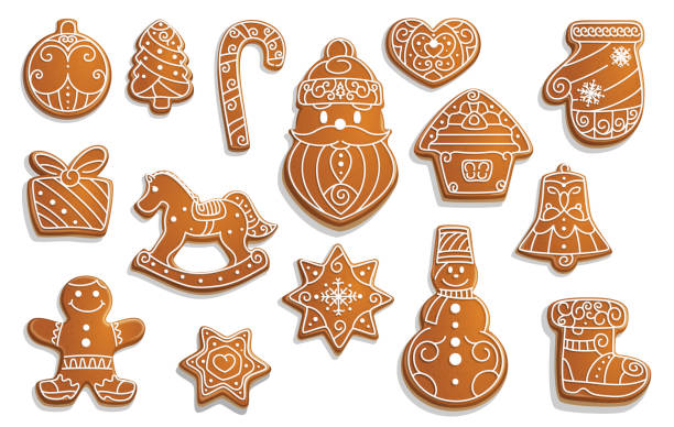 Gingerbread cookies, Christmas holiday food Christmas gingerbread cookies, winter holiday food. Vector Xmas tree and ball, cane and Santa, heart and house, mitten and gift box. Horse and snowflake, snowman and boot, jingle bell and star christmas cookies stock illustrations