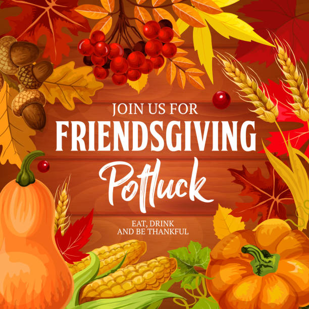 illustrazioni stock, clip art, cartoni animati e icone di tendenza di friendsgiving potluck cena vacanza, vettore - vegies corn dinner crop