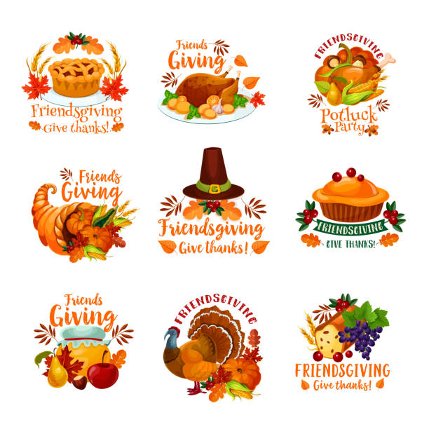 friendsgiving 휴가 그저 아이콘 - cornucopia november pumpkin leaf stock illustrations