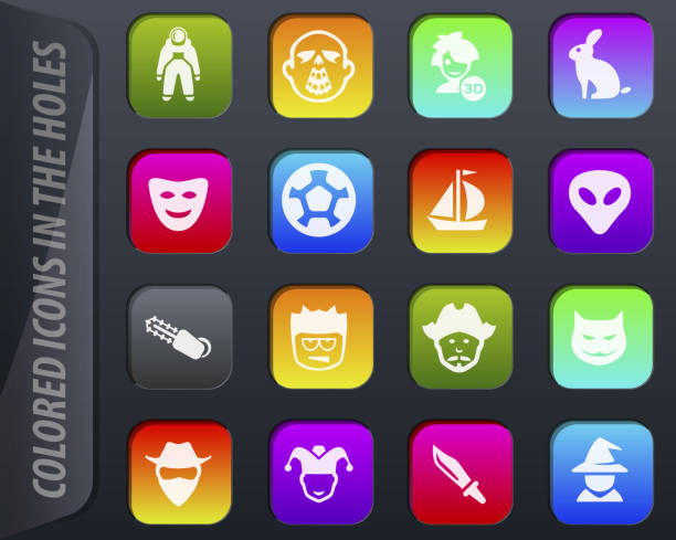 Genres of cinema icons set Set of movie genres colored icons in the holes easily adapt to any background action anime movies stock illustrations