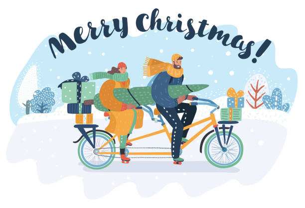 illustrations, cliparts, dessins animés et icônes de carte de noël joyeux. couple monté sur un vélo tandem. - père noel à vélo