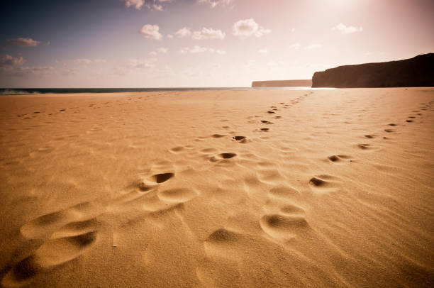 playa infinita en portugal con arena amarilla y huella. montañas y rocas. concepto de viaje y vacaciones sin turistas y turismo - sand footprint track following fotografías e imágenes de stock
