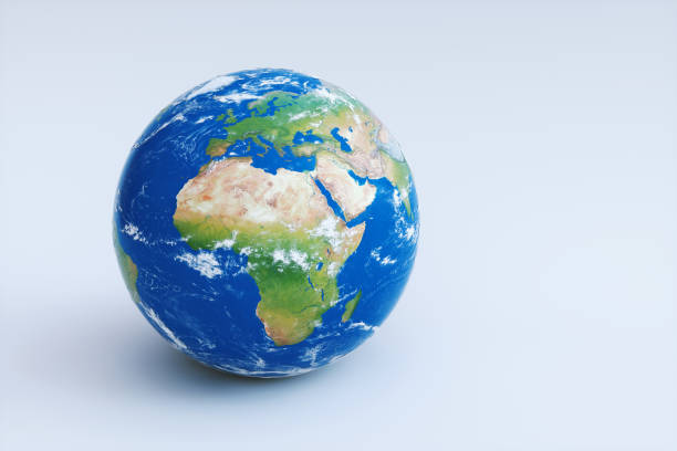 semplice globo terrestre che mostra europa e africa, isolato su bianco - three dimensional shape continents bright blue foto e immagini stock