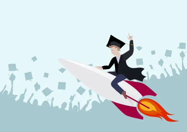 Vector illustration of Education the start of a successful career. University graduate in a mantle and cap riding a rocket,