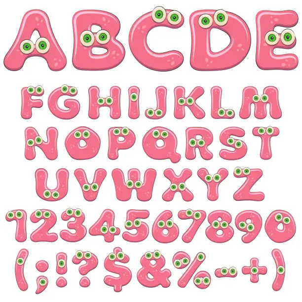 Vector illustration of Pink jelly alphabet, letters, numbers and characters with green eyes. Isolated colored vector objects.