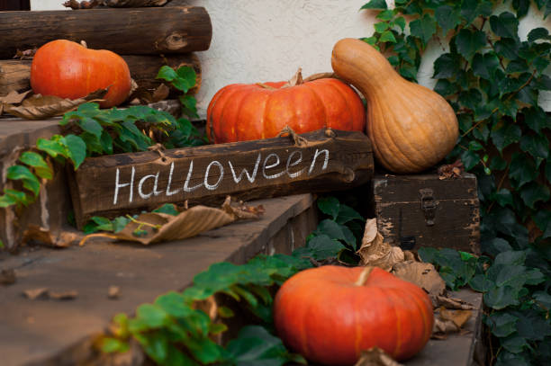 istock Pumpkins in front door to celebrate. Halloween. Selective focus. 1055878114