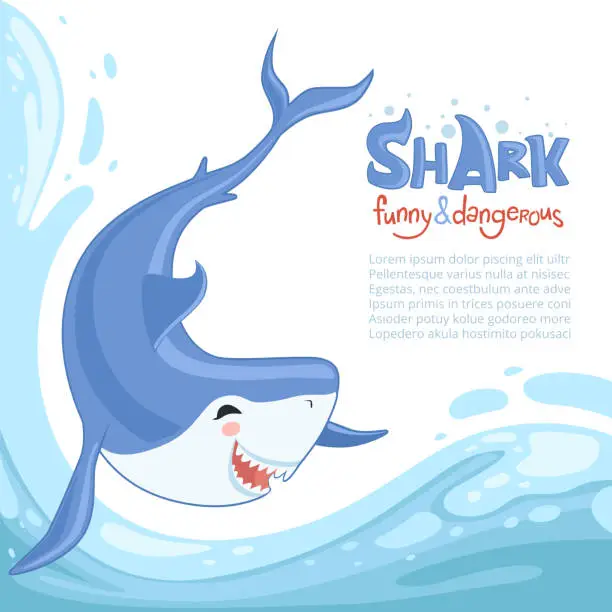 Vector illustration of Shark attack background. Blue dangerous fish with big teeth swimming sea ocean water. Vector cartoon background animal jumping splashes