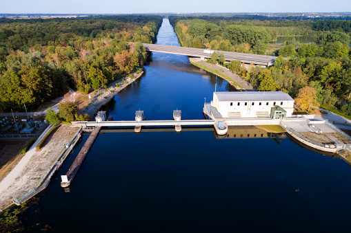Hydroelectric power plant, aerial view, Germany.