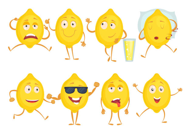 Lemon funny characters. Fresh fruits emotions sadness joy surprise and various poses. Vector mascot yellow lemon with happy face Lemon funny characters. Fresh fruits emotions sadness joy surprise and various poses. Vector mascot yellow lemon with happy face. Illustration of fruit fresh lemon isolated on white sour face stock illustrations