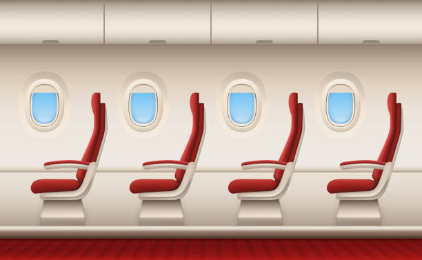 Passenger plane interior. Aircraft cabin with white closeup windows portholes plane inside comfort chairs vector realistic background Passenger plane interior. Aircraft cabin with white closeup windows portholes plane inside comfort chairs vector realistic background. Illustration of airplane interior, plane transport airplane interior stock illustrations