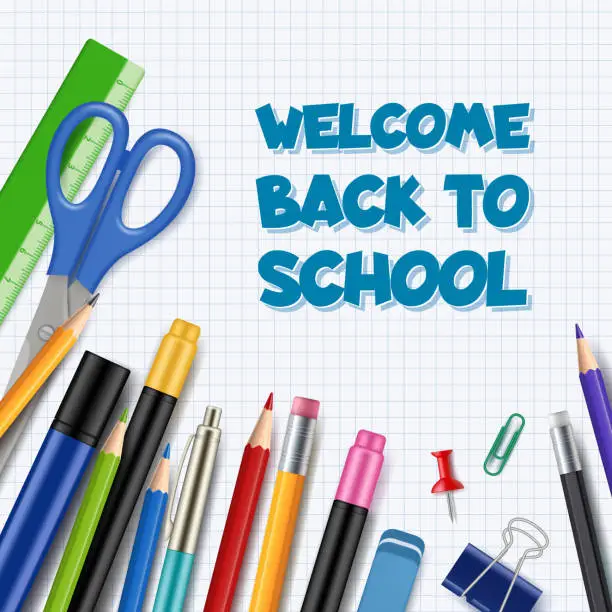 Vector illustration of Back to school background. Pen with pencils office supply tools collection stationary vector realistic picture children education theme