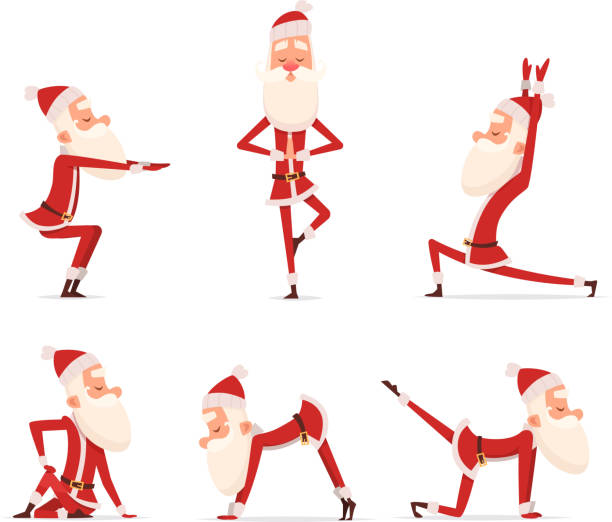 santa-yoga-posen. weihnachten urlaub wintersport gesunden charakter stehen in verschiedenen entspannen stellt vektor niedlichen maskottchen isoliert - weihnachten lustig stock-grafiken, -clipart, -cartoons und -symbole