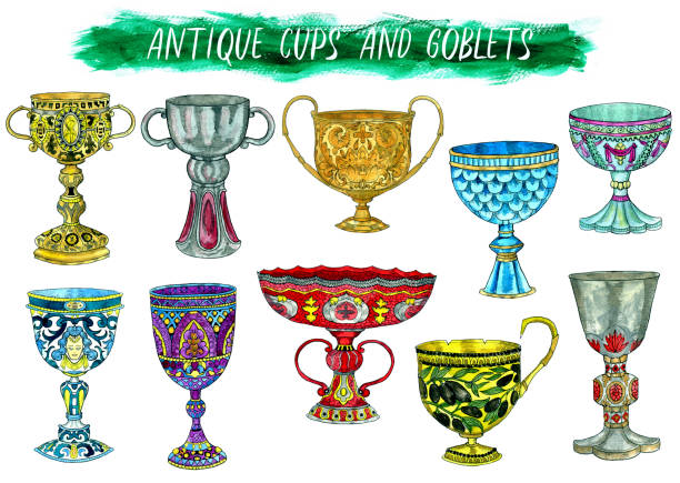 ilustrações de stock, clip art, desenhos animados e ícones de antique cups and goblets isolated on white - antique old fashioned illustration and painting ancient