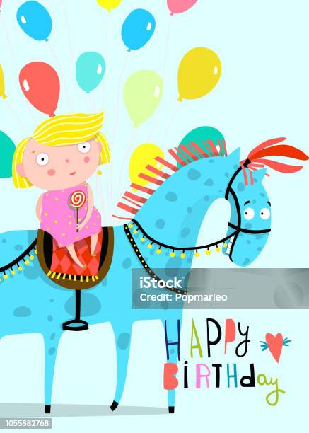 Girl Riding Horse With Balloons Greeting Card Stock Illustration - Download Image Now - Birthday, Child, Pony