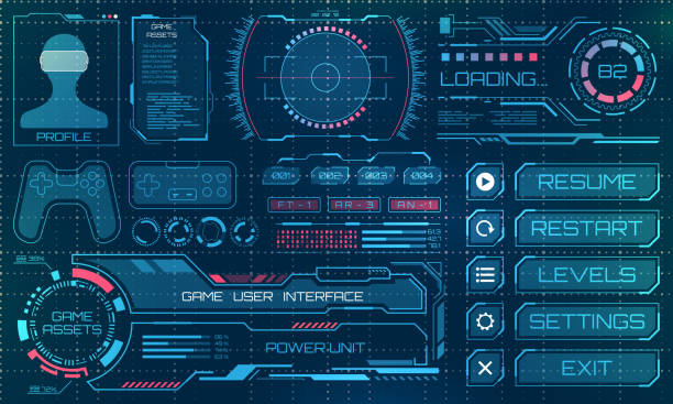 HUD User Interface, GUI, Futuristic Panel with Infographic Elements HUD User Interface, GUI, Futuristic Panel with Infographic Elements - Illustration Vector video game stock illustrations