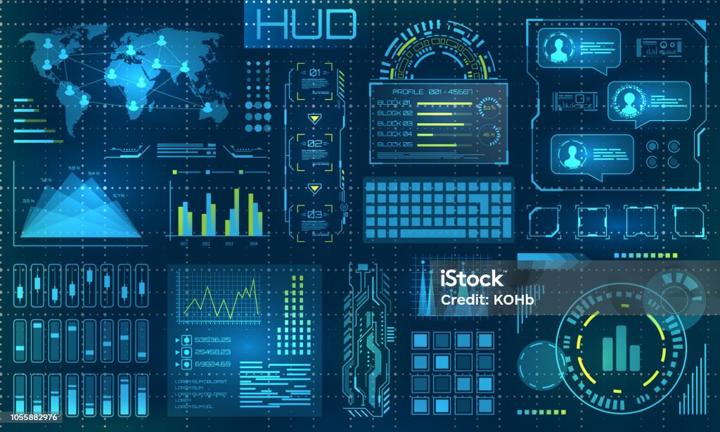 Futuristic HUD Design Elements. Infographic or Technology Interface for Information Visualization Futuristic HUD Design Elements. Infographic or Technology Interface for Information Visualization - Illustration Vector Futuristic stock vector