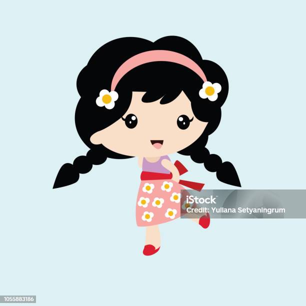 Cute Braided Little Girls With Flower Dress Cartoon Character Stock  Illustration - Download Image Now - iStock