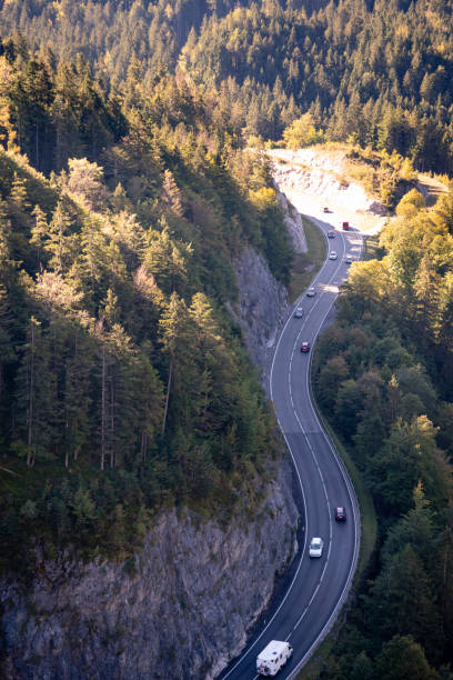 istock Road in Alps in Austria. Mountains and trees around. Vertical view 1055883928