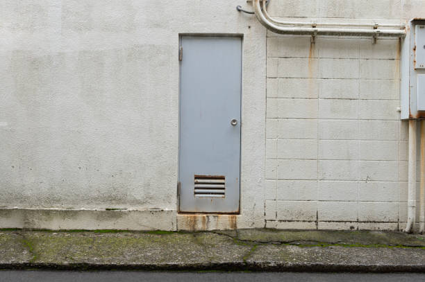 istock sidewalk by street wall & door 1055889504