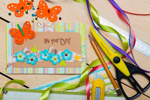 istock scrapbook background. Card and tools with decoration 