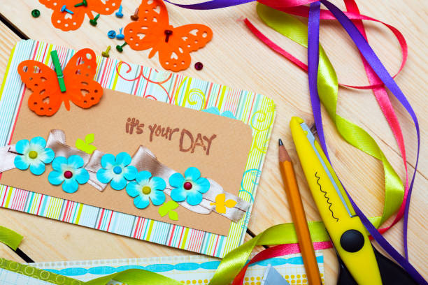 istock scrapbook background. Card and tools with decoration 