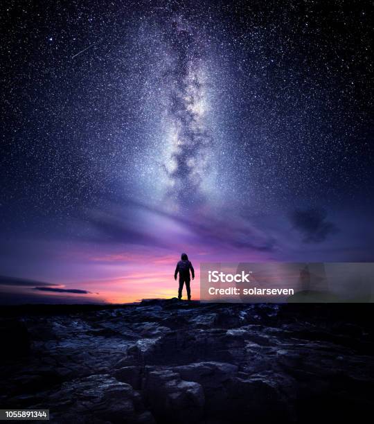 Milky Way Galaxy Night Landscape Stock Photo - Download Image Now - Outer Space, Adventure, Men