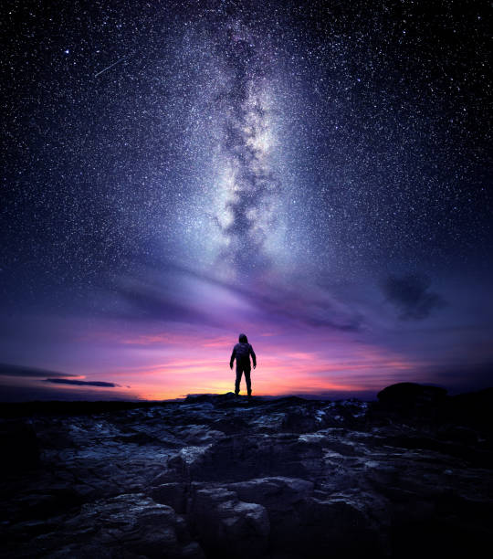 milky way galaxy night landscape - living space imagens e fotografias de stock