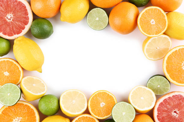 istock Citrus fruits on white background 1055892198