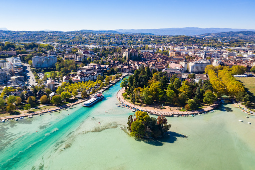 Aerial view of Annecy lake waterfront low tide level due to the drought in France