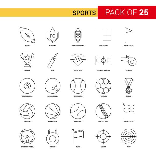 ilustrações, clipart, desenhos animados e ícones de ícone de linha preta - 25 negócios conjunto de ícones de contorno de esportes - tennis ball american football football