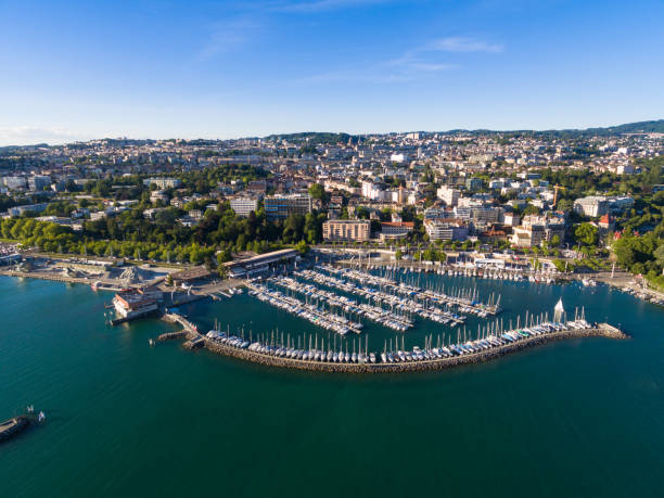 aerial view of ouchy waterfront in  lausanne, switzerland - geneva canton imagens e fotografias de stock