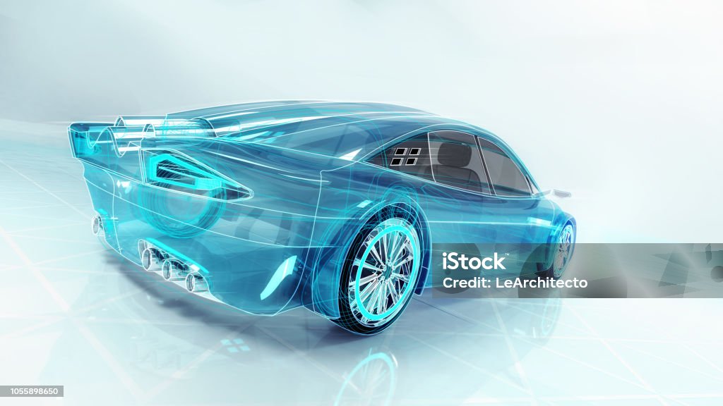 technological study of new futuristic car 3D conceptual rendering, my own car design Car Stock Photo