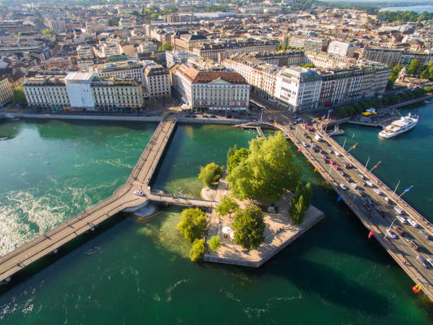 aerial view of leman lake -  geneva city in switzerland - geneva canton imagens e fotografias de stock