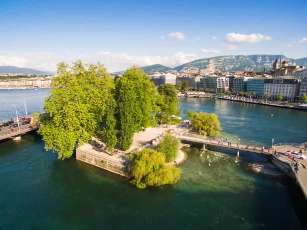 aerial view of leman lake -  geneva city in switzerland - geneva canton imagens e fotografias de stock