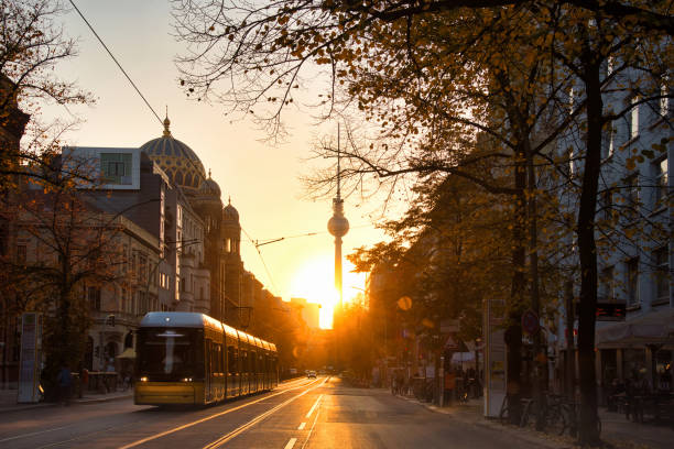 yellow train at early morning in Berlin Oranienburger Strasse