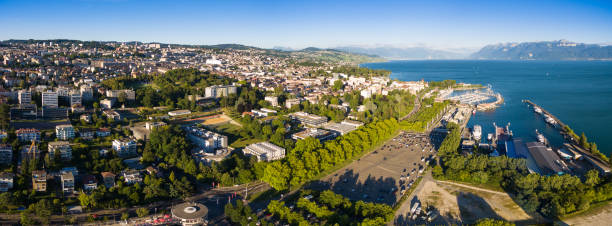 aerial view of ouchy waterfront in  lausanne, switzerland - geneva canton imagens e fotografias de stock