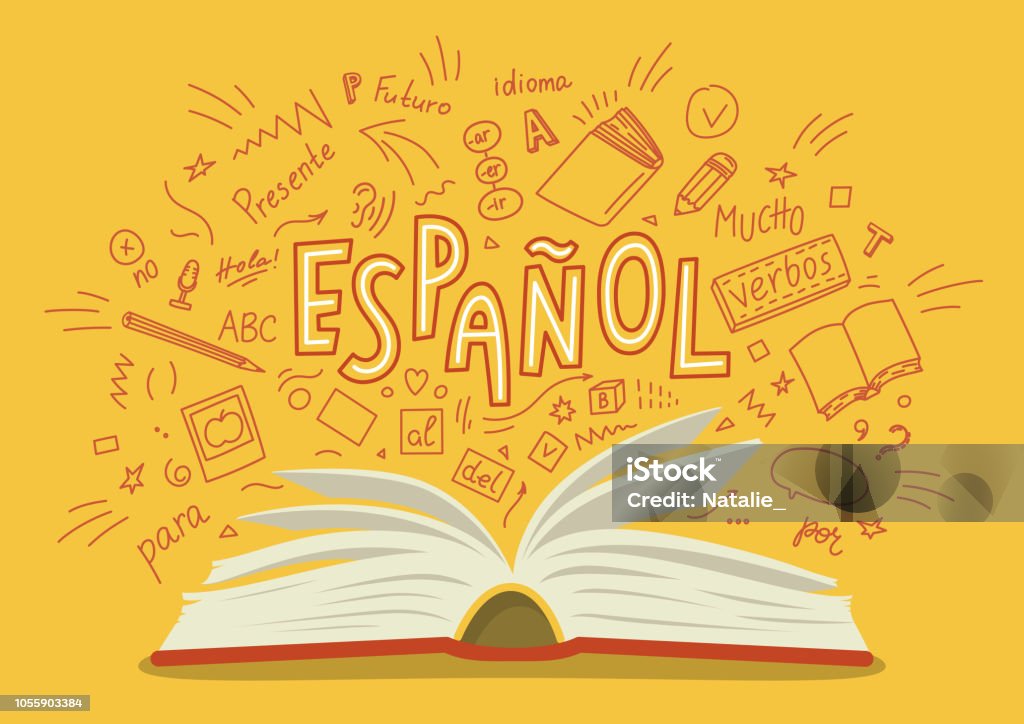 Espanol. Espanol. Translation "Spanish". Open book with language hand drawn doodles and lettering. Education vector illustration. Spanish Language stock vector